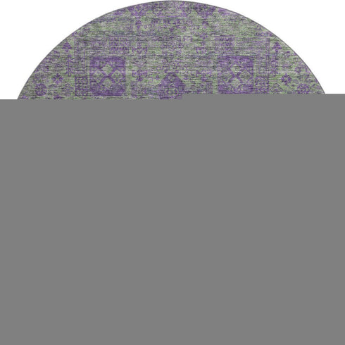 8' Fern Green And Purple Floral Washable Round Rug With UV Protection