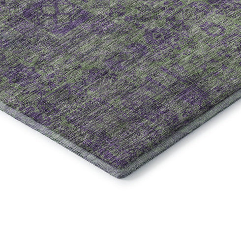 8' Fern Green And Purple Floral Washable Round Rug With UV Protection