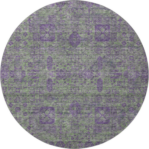 8' Fern Green And Purple Floral Washable Round Rug With UV Protection