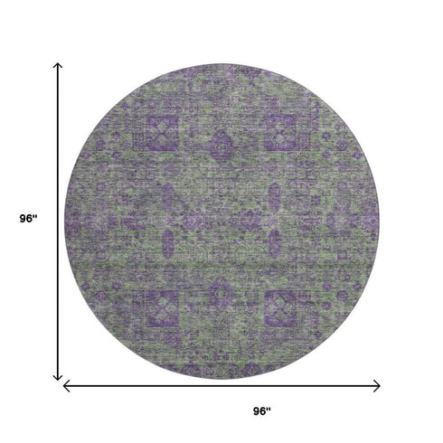 8' Fern Green And Purple Floral Washable Round Rug With UV Protection