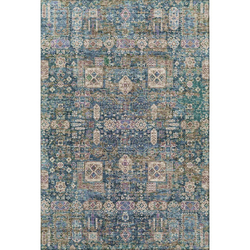 5' X 8' Green Blue And Beige Floral Washable Area Rug With UV Protection