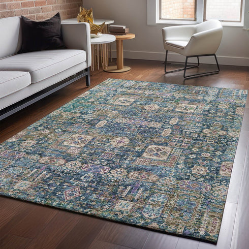 8' X 10' Green Blue And Beige Floral Washable Area Rug With UV Protection