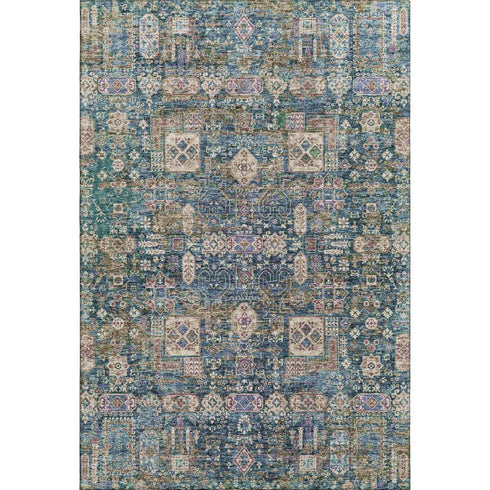 8' X 10' Green Blue And Beige Floral Washable Area Rug With UV Protection