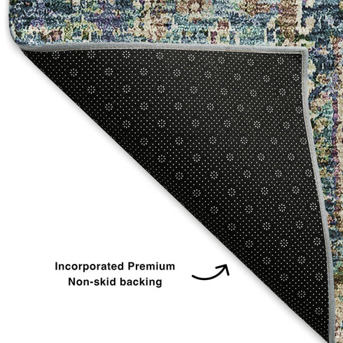 8' X 10' Green Blue And Beige Floral Washable Area Rug With UV Protection