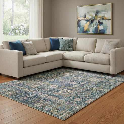 8' X 10' Green Blue And Beige Floral Washable Area Rug With UV Protection