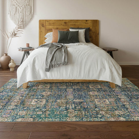 8' X 10' Green Blue And Beige Floral Washable Area Rug With UV Protection