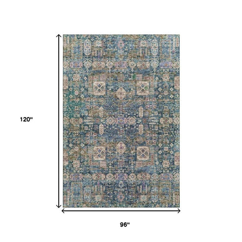 8' X 10' Green Blue And Beige Floral Washable Area Rug With UV Protection
