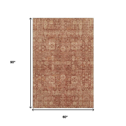 5' X 8' Chili Red And Copper Floral Washable Area Rug With UV Protection
