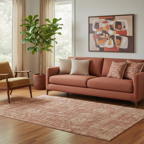 5' X 8' Chili Red And Copper Floral Washable Area Rug With UV Protection