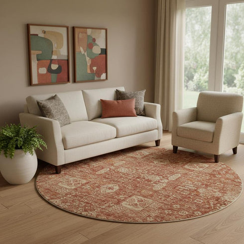 8' Chili Red And Copper Floral Washable Round Rug With UV Protection