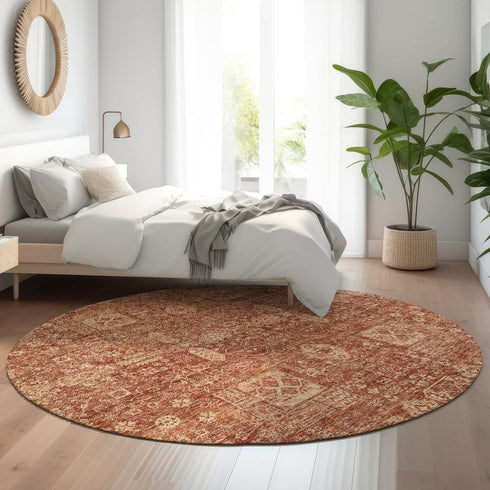 8' Chili Red And Copper Floral Washable Round Rug With UV Protection