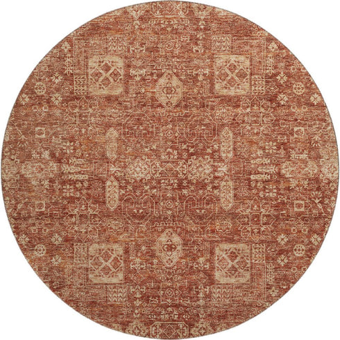 8' Chili Red And Copper Floral Washable Round Rug With UV Protection