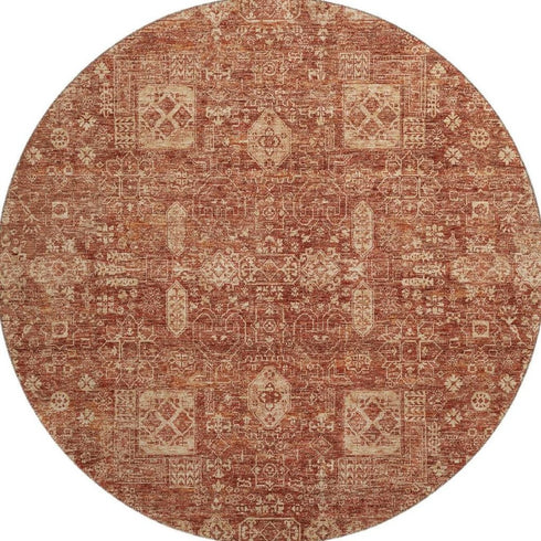 8' Chili Red And Copper Floral Washable Round Rug With UV Protection