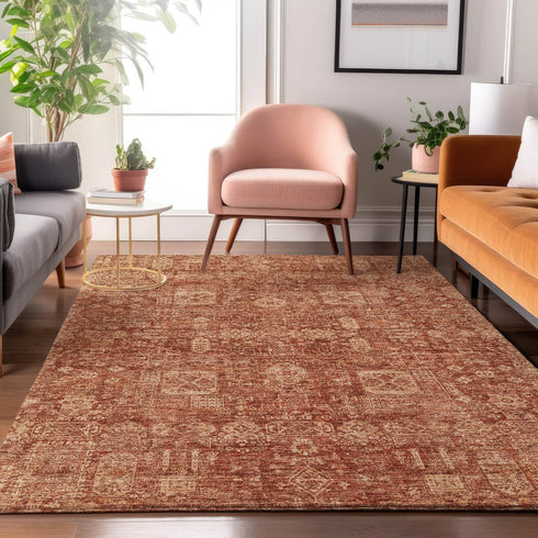 9' X 12' Chili Red And Copper Floral Washable Area Rug With UV Protection