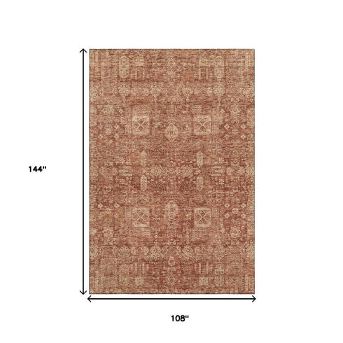 9' X 12' Chili Red And Copper Floral Washable Area Rug With UV Protection
