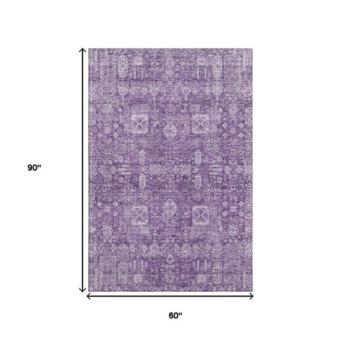 5' X 8' Purple And Ivory Floral Washable Area Rug With UV Protection
