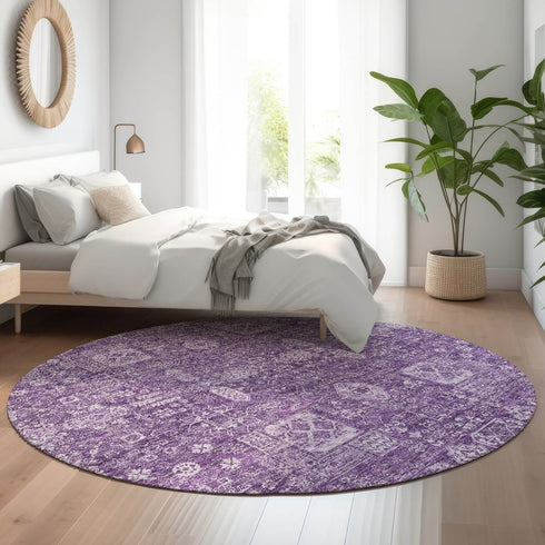 8' Purple And Ivory Floral Washable Round Rug With UV Protection