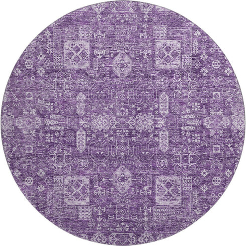 8' Purple And Ivory Floral Washable Round Rug With UV Protection