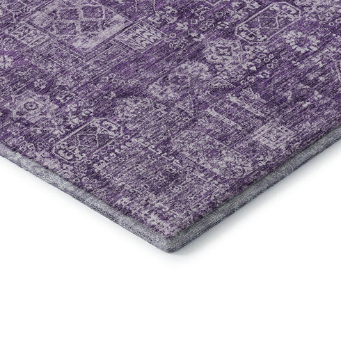 8' Purple And Ivory Floral Washable Round Rug With UV Protection