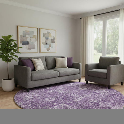 8' Purple And Ivory Floral Washable Round Rug With UV Protection