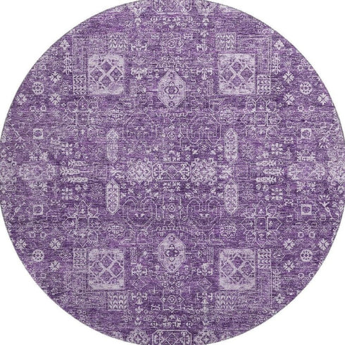 8' Purple And Ivory Floral Washable Round Rug With UV Protection