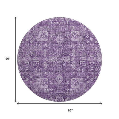 8' Purple And Ivory Floral Washable Round Rug With UV Protection