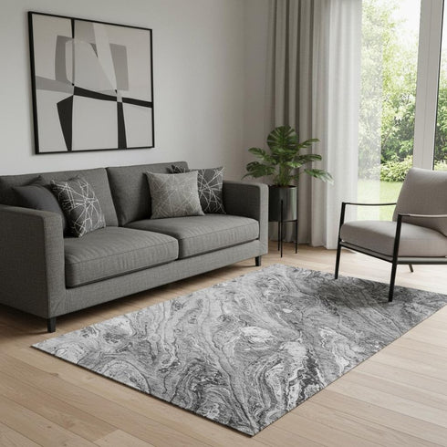 5' X 8' Gray And Ivory Abstract Washable Area Rug With UV Protection