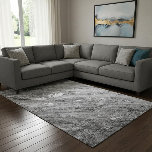 8' X 10' Gray And Ivory Abstract Washable Area Rug With UV Protection