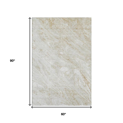 5' X 8' Ivory And Beige Abstract Washable Area Rug With UV Protection