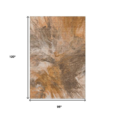 8' X 10' Chili Red Ivory And Copper Abstract Washable Area Rug With UV Protection