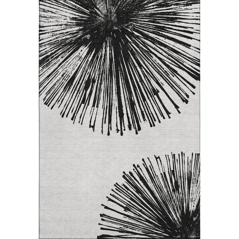 5' X 8' Black And Ivory Abstract Washable Area Rug With UV Protection