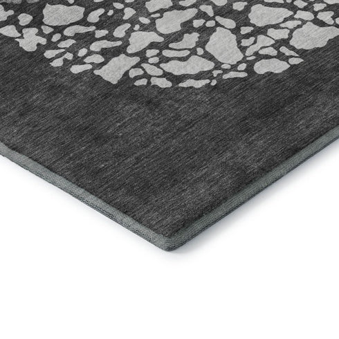 8' Charcoal And Ivory Abstract Washable Round Rug With UV Protection