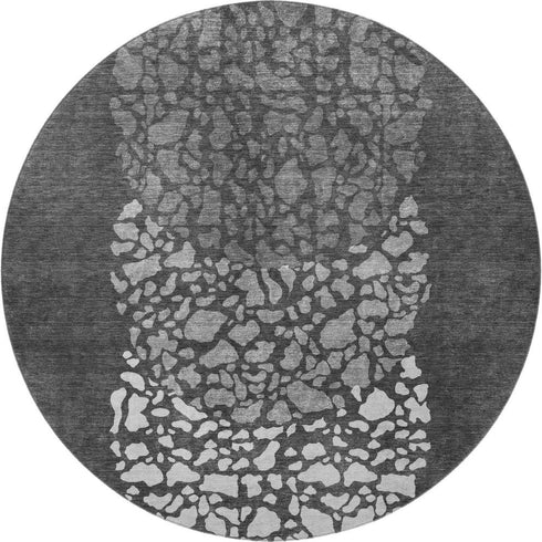 8' Charcoal And Ivory Abstract Washable Round Rug With UV Protection