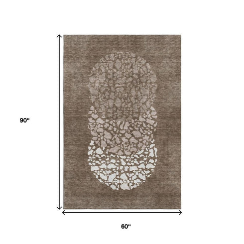 5' X 8' Chocolate And Ivory Abstract Washable Area Rug With UV Protection