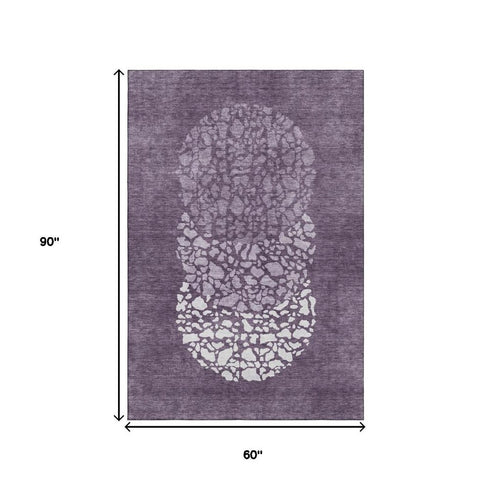 5' X 8' Eggplant And Ivory Abstract Washable Area Rug With UV Protection