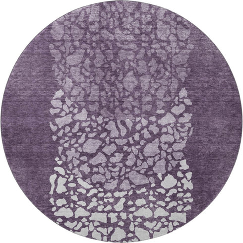 8' Eggplant And Ivory Abstract Washable Round Rug With UV Protection