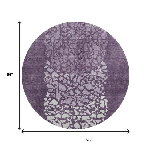 8' Eggplant And Ivory Abstract Washable Round Rug With UV Protection