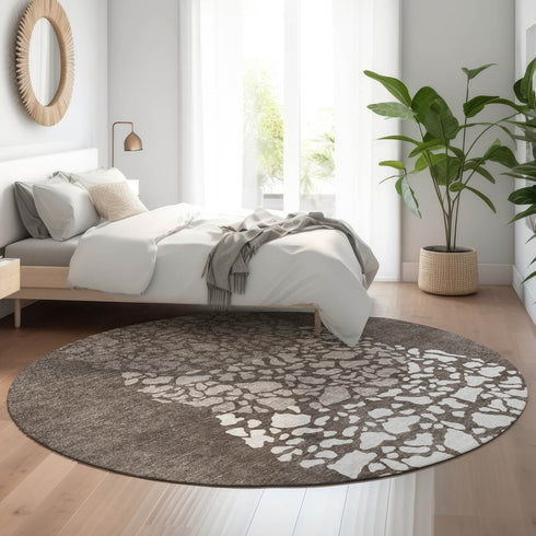 8' Taupe And Ivory Abstract Washable Round Rug With UV Protection