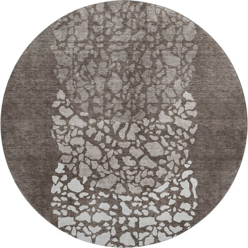 8' Taupe And Ivory Abstract Washable Round Rug With UV Protection
