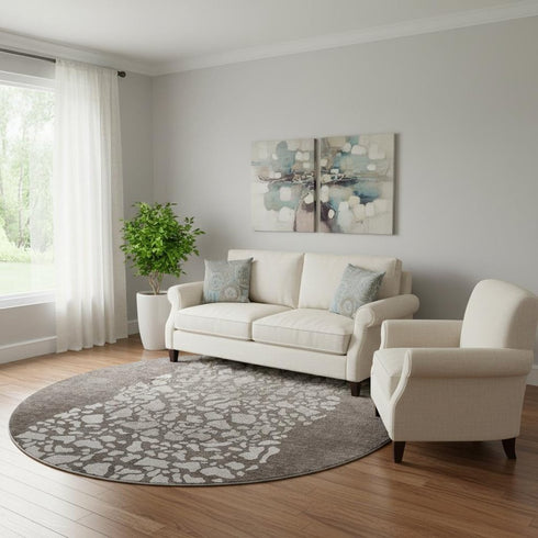 8' Taupe And Ivory Abstract Washable Round Rug With UV Protection