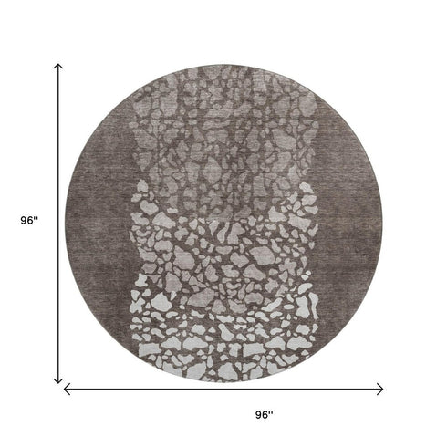 8' Taupe And Ivory Abstract Washable Round Rug With UV Protection