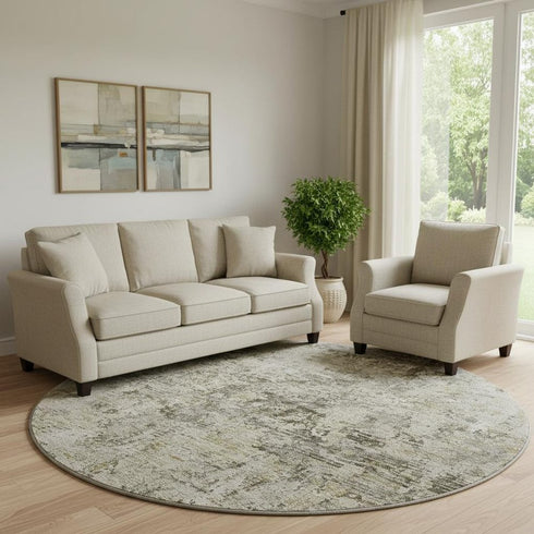 8' Taupe Beige And Gray Abstract Washable Round Rug With UV Protection