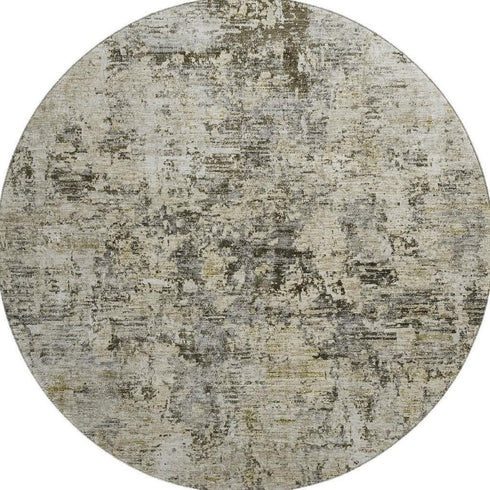 8' Taupe Beige And Gray Abstract Washable Round Rug With UV Protection