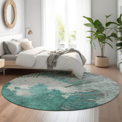 8' Teal Ivory And Gray Abstract Washable Round Rug With UV Protection