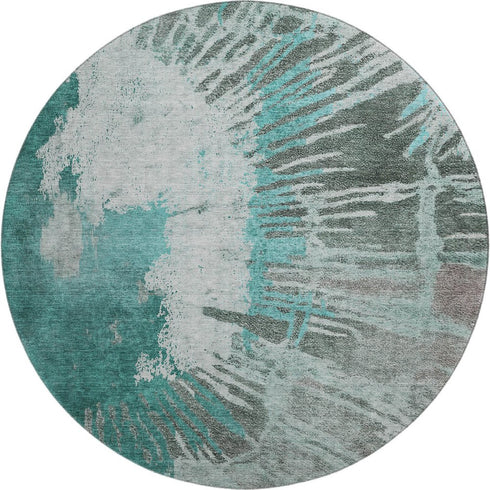8' Teal Ivory And Gray Abstract Washable Round Rug With UV Protection