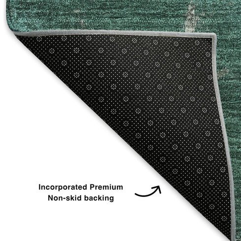 8' Teal Ivory And Gray Abstract Washable Round Rug With UV Protection