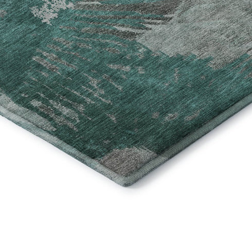 8' Teal Ivory And Gray Abstract Washable Round Rug With UV Protection