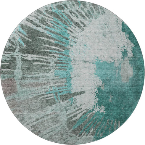 8' Teal Ivory And Gray Abstract Washable Round Rug With UV Protection