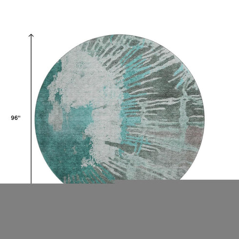8' Teal Ivory And Gray Abstract Washable Round Rug With UV Protection