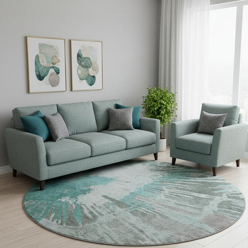 8' Teal Ivory And Gray Abstract Washable Round Rug With UV Protection